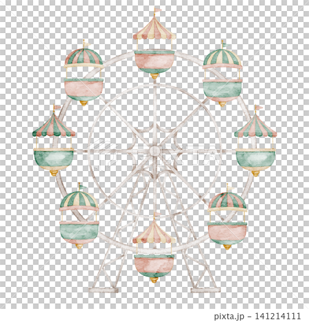 Ferris wheel watercolor illustration in pastel vintage style. Attraction for Baby shower greeting cards or childish invitations. Clipart for amusement park and carnival scenes and nostalgic fair Ferris wheel watercolor illustration in pastel vintage style. Attraction for Baby shower greeting cards or childish invitations. Clipart for amusement park and carnival scenes and nostalgic fair 141214111