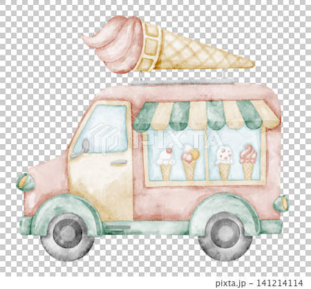 Ice cream truck watercolor illustration with pastel colors and sweet details. Dessert Van for carnival scenes, party graphics and nostalgic summer designs. Art for baby shower greeting cards Ice cream truck watercolor illustration with pastel colors and sweet details. Dessert Van for carnival scenes, party graphics and nostalgic summer designs. Art for baby shower greeting cards 141214114
