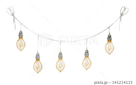 Lamp Garland watercolor illustration with hanging light Bulbs and ribbon. Art of decorative Lights for party decor, festive designs, nursery interiors, banners, invitations and cozy childhood theme Lamp Garland watercolor illustration with hanging light Bulbs and ribbon. Art of decorative Lights for party decor, festive designs, nursery interiors, banners, invitations and cozy childhood theme 141214115