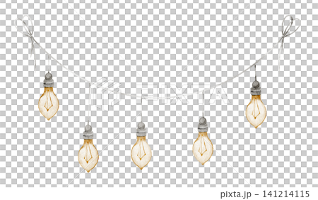 Lamp Garland watercolor illustration with hanging light Bulbs and ribbon. Art of decorative Lights for party decor, festive designs, nursery interiors, banners, invitations and cozy childhood theme Lamp Garland watercolor illustration with hanging light Bulbs and ribbon. Art of decorative Lights for party decor, festive designs, nursery interiors, banners, invitations and cozy childhood theme 141214115