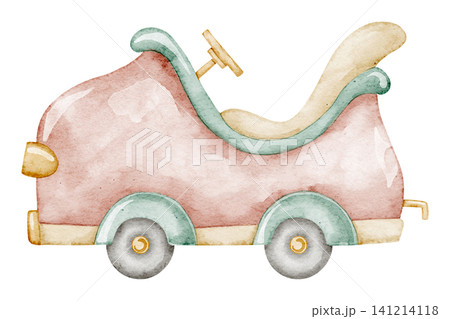 Carnival car watercolor illustration in vintage pastel style. Art of cute transport for amusement park and funfair, children greeting cards or baby party designs. Clipart in pastel colors for nursery 141214118