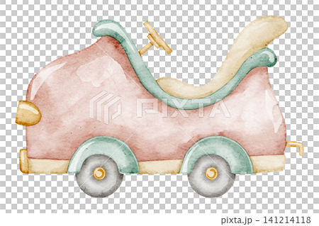 Carnival car watercolor illustration in vintage pastel style. Art of cute transport for amusement park and funfair, children greeting cards or baby party designs. Clipart in pastel colors for nursery 141214118