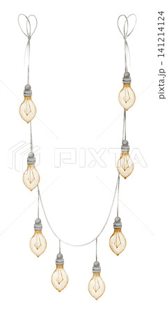Lamp Garland watercolor illustration with hanging light Bulbs and ribbon. Art of decorative Lights for party decor, festive designs, nursery interiors, banners, invitations and cozy childhood theme Lamp Garland watercolor illustration with hanging light Bulbs and ribbon. Art of decorative Lights for party decor, festive designs, nursery interiors, banners, invitations and cozy childhood theme 141214124