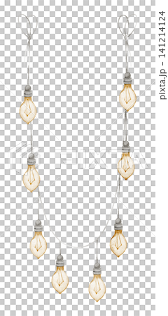 Lamp Garland watercolor illustration with hanging light Bulbs and ribbon. Art of decorative Lights for party decor, festive designs, nursery interiors, banners, invitations and cozy childhood theme Lamp Garland watercolor illustration with hanging light Bulbs and ribbon. Art of decorative Lights for party decor, festive designs, nursery interiors, banners, invitations and cozy childhood theme 141214124