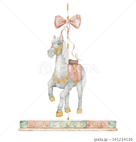 Carousel horse watercolor illustration in pastel colors. Art of vintage amusement park element in cute children style for nursery posters, baby invitations and greeting cards, prints, party designs Carousel horse watercolor illustration in pastel colors. Art of vintage amusement park element in cute children style for nursery posters, baby invitations and greeting cards, prints, party designs 141214130