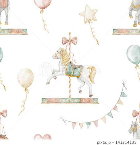 Watercolor seamless pattern with Carousel horses, balloons and fairground elements in soft pastel palette. Background for kids room wallpaper, fabrics, wallpapers, baby bed linen 141214135