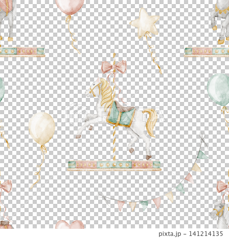 Watercolor seamless pattern with Carousel horses, balloons and fairground elements in soft pastel palette. Background for kids room wallpaper, fabrics, wallpapers, baby bed linen Watercolor seamless pattern with Carousel horses, balloons and fairground elements in soft pastel palette. Background for kids room wallpaper, fabrics, wallpapers, baby bed linen 141214135