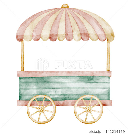 Wagon watercolor illustration in pastel vintage style with wooden details. Art of retro carnival Cart for amusement park graphics, children design and nostalgic fairground theme. Clipart for kids Wagon watercolor illustration in pastel vintage style with wooden details. Art of retro carnival Cart for amusement park graphics, children design and nostalgic fairground theme. Clipart for kids 141214139