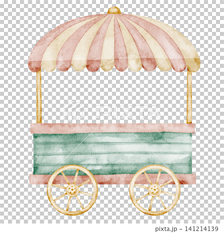 Wagon watercolor illustration in pastel vintage style with wooden details. Art of retro carnival Cart for amusement park graphics, children design and nostalgic fairground theme. Clipart for kids Wagon watercolor illustration in pastel vintage style with wooden details. Art of retro carnival Cart for amusement park graphics, children design and nostalgic fairground theme. Clipart for kids 141214139