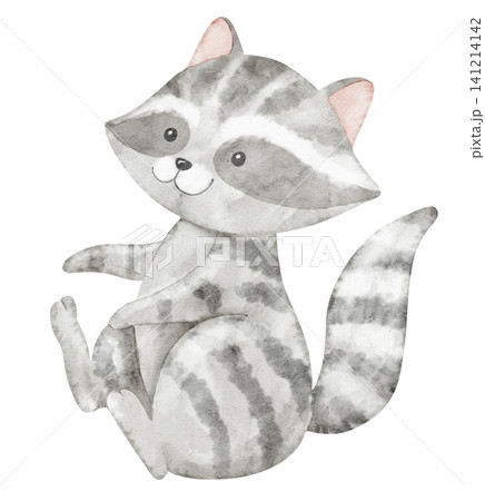 Raccoon watercolor illustration with friendly expression in soft pastel grey tones. Art of cute forest animal for baby shower greeting cards or childosh invitations. Character for nursery posters Raccoon watercolor illustration with friendly expression in soft pastel grey tones. Art of cute forest animal for baby shower greeting cards or childosh invitations. Character for nursery posters 141214142