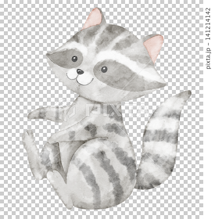Raccoon watercolor illustration with friendly expression in soft pastel grey tones. Art of cute forest animal for baby shower greeting cards or childosh invitations. Character for nursery posters Raccoon watercolor illustration with friendly expression in soft pastel grey tones. Art of cute forest animal for baby shower greeting cards or childosh invitations. Character for nursery posters 141214142