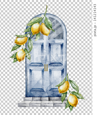 Door watercolor composition with citrus branches, lemons and leaves on blue entrance. Mediterranean architecture illustration isolated for travel design, decor, posters, branding and summer themes. Door watercolor composition with citrus branches, lemons and leaves on blue entrance. Mediterranean architecture illustration isolated for travel design, decor, posters, branding and summer themes. 141214143