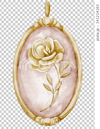 Pendant watercolor illustration of vintage oval locket with gold frame and rose motif. Elegant jewelry accessory on isolated background for fashion design, decor, branding and romantic themes. 141214163