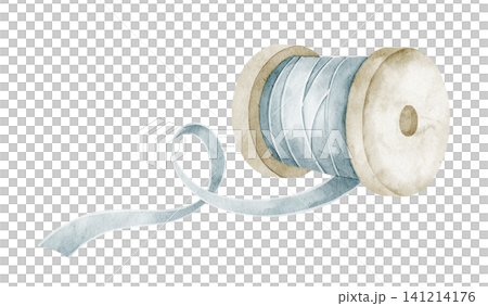 Ribbon watercolor illustration of blue fabric roll on spool with loose curling strip. Vintage craft accessory on isolated on isolated background for sewing design, packaging, scrapbooking and decor. Ribbon watercolor illustration of blue fabric roll on spool with loose curling strip. Vintage craft accessory on isolated on isolated background for sewing design, packaging, scrapbooking and decor. 141214176