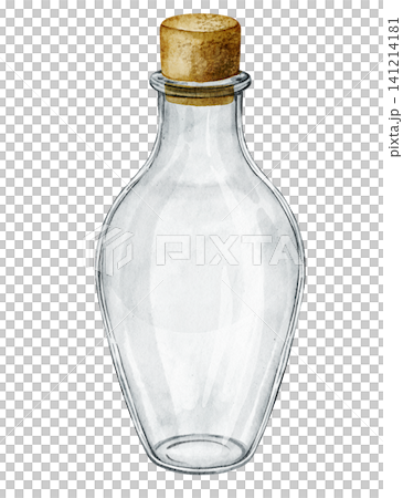 Bottle watercolor illustration of transparent glass vessel with cork stopper.. Vintage clear container. Apothecary style object on isolated background for packaging design, cosmetic branding. Bottle watercolor illustration of transparent glass vessel with cork stopper.. Vintage clear container. Apothecary style object on isolated background for packaging design, cosmetic branding. 141214181