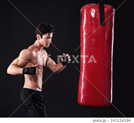 Man, punching bag and challenge with fitness, workout and fighter with gloves and wellness with training. Boxer, practice and athlete with exercise and cardio with endurance, healthy guy and progress Man, punching bag and challenge with fitness, workout and fighter with gloves and wellness with training. Boxer, practice and athlete with exercise and cardio with endurance, healthy guy and progress 141214184