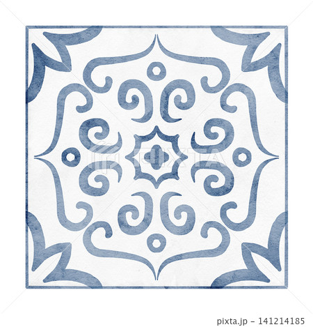 Watercolor illustration of square ceramic Tiles with blue ornamental floral motifs and symmetrical geometry. Mediterranean Azulejo style elements isolated for interior design, kitchen backsplash. 141214185