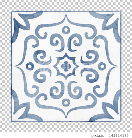 Watercolor illustration of square ceramic Tiles with blue ornamental floral motifs and symmetrical geometry. Mediterranean Azulejo style elements isolated for interior design, kitchen backsplash. 141214185