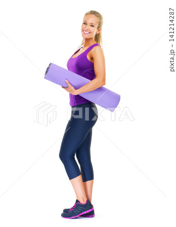 Woman, mat and portrait for exercise, fitness goals or cardio for lose weight on white background. Model or young person and smile for health, workout and wellness for pilates or yoga in studio 141214287