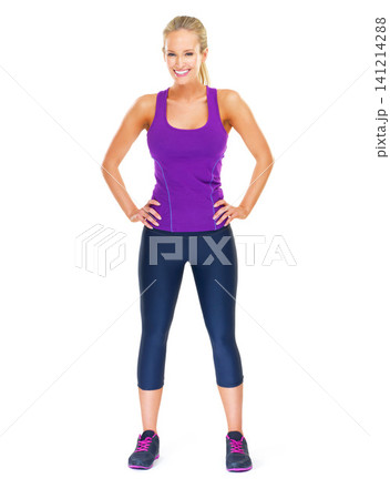 Portrait, confident or woman in fitness, fashion or athleisure apparel in studio on white background. Female person, activewear or smile as ready for wellness, healthy or workout challenge on mockup Portrait, confident or woman in fitness, fashion or athleisure apparel in studio on white background. Female person, activewear or smile as ready for wellness, healthy or workout challenge on mockup 141214288
