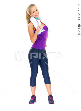 Bottle, woman and athlete with smile, portrait and healthcare with training for wellness and workout. White background, exercise and girl with water and confidence, sport and happiness in studio 141214306