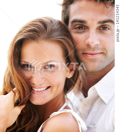Happy, couple and love in closeup, portrait in summer outdoors on holiday with support in marriage. People smile and hug on vacation date with trust and care for relationship on honeymoon in Mykonos 141214345