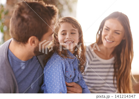 Happy family, smile and love outdoor hugging for summer, sunshine and vacation. Father, mother and daughter in morning for bonding, together and holiday with connection, embrace and relationship. Happy family, smile and love outdoor hugging for summer, sunshine and vacation. Father, mother and daughter in morning for bonding, together and holiday with connection, embrace and relationship. 141214347