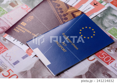 Sweden, swedish passport or id document with tickets for flight, travel. Swedish passport Sweden, swedish passport or id document with tickets for flight, travel. Swedish passport 141214832