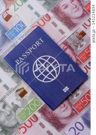 Sweden, swedish passport or id document with tickets for flight, travel. Swedish passport Sweden, swedish passport or id document with tickets for flight, travel. Swedish passport 141214834