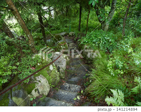 夏の雨の日の観光地奥飛騨温泉街の散策道の風景 夏の雨の日の観光地奥飛騨温泉街の散策道の風景 141214894