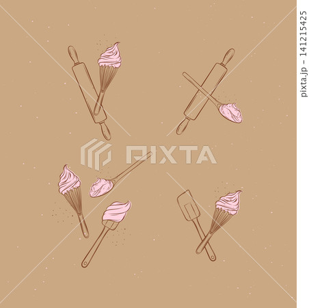 Bakery utensils illustration labels whisk, silicone spatula, pastry spoon, rolling pin drawing in graphic style on brown background 141215425