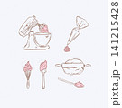 Bakery tools illustration labels mixer, pastry bag, whisk, silicone spatula, pastry spoon, dough, rolling pin drawing in graphic style on light background 141215428