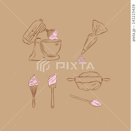 Bakery tools illustration labels mixer, pastry bag, whisk, silicone spatula, pastry spoon, dough, rolling pin drawing in graphic style on brown background 141215429