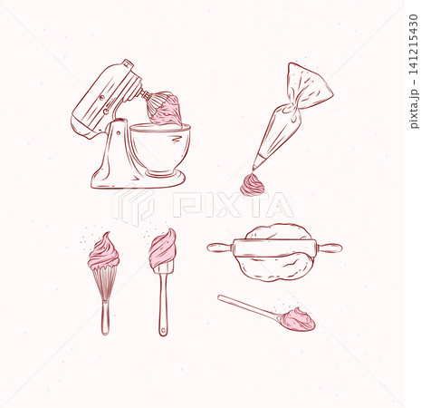 Bakery tools illustration labels mixer, pastry bag, whisk, silicone spatula, pastry spoon, dough, rolling pin drawing in graphic style on beige background Bakery tools illustration labels mixer, pastry bag, whisk, silicone spatula, pastry spoon, dough, rolling pin drawing in graphic style on beige background 141215430