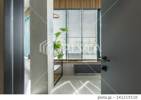 Modern Interior View through Open Door with Industrial Elements 141215510