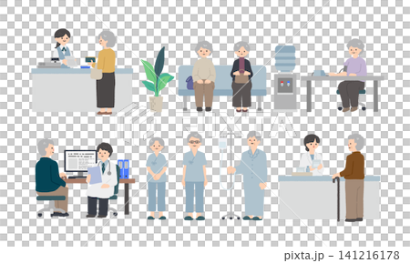 A set of illustrations depicting medical scenes for elderly people visiting a hospital: reception, waiting room, examination, testing, payment, and pharmacy. 141216178