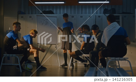 Teenage Footballer Explaining Strategy on Whiteboard to Coach and Team 141216305