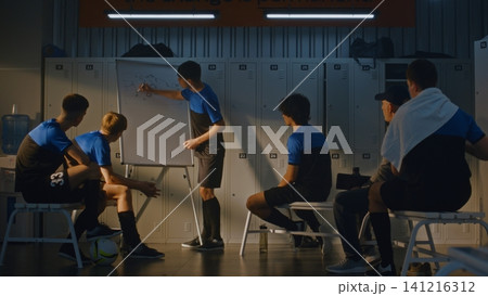 Teenage Footballer Explaining Strategy on Whiteboard to Coach and Team Teenage Footballer Explaining Strategy on Whiteboard to Coach and Team 141216312