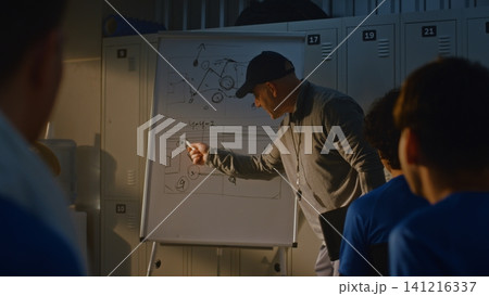 Youth Football Team Having Half Time Tactical Briefing in Locker Room Youth Football Team Having Half Time Tactical Briefing in Locker Room 141216337