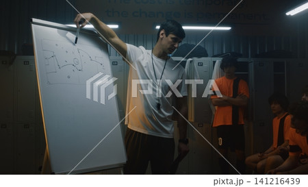 Football Coach Explaining Tactical Formations on Whiteboard to Teenage Players in Locker Room Football Coach Explaining Tactical Formations on Whiteboard to Teenage Players in Locker Room 141216439