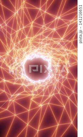 Glowing orange wireframe network surrounds a dark circular portal, creating a futuristic abstract energy gateway. Glowing orange wireframe network surrounds a dark circular portal, creating a futuristic abstract energy gateway. 141216651