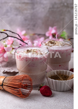 Strawberry matcha latte smoothie cocktail Strawberry matcha latte smoothie cocktail 141216787