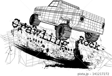Car model design shows a truck climbing a rocky surface with a wireframe look and artistic elements Car model design shows a truck climbing a rocky surface with a wireframe look and artistic elements 141217272