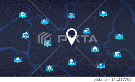 Abstract transportation background with POI. Transportation-related designs, promotional materials. Establishments, gas stations, parks, restaurants. Streets, blocks, route for movement on the streets 141217769