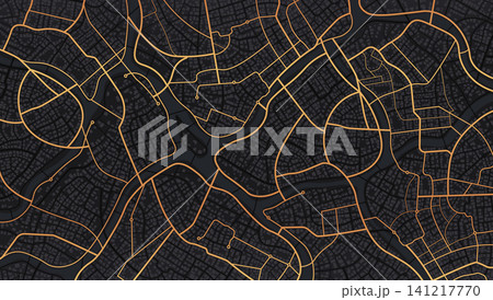 Dark urban map background with orange street network and winding river. Vector illustration. Dark urban map background with orange street network and winding river. Vector illustration. 141217770