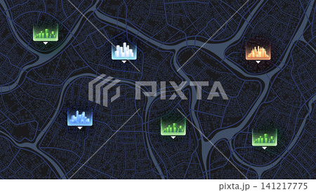 Urban map for travel. Multiple destinations with location system. Abstract map city. Direction markers for navigation to town. Location system. Route distance data, path turns. destination tag, Vector Urban map for travel. Multiple destinations with location system. Abstract map city. Direction markers for navigation to town. Location system. Route distance data, path turns. destination tag, Vector 141217775