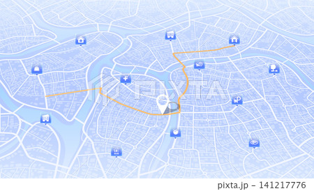 City map with service icons and points of interest, light blue urban infrastructure plan. Vector illustration. City map with service icons and points of interest, light blue urban infrastructure plan. Vector illustration. 141217776