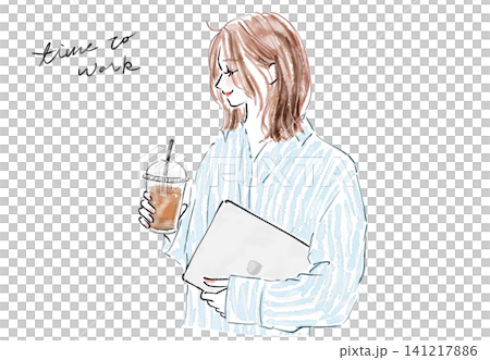 ノートパソコンとコーヒーを持つ女性 ノートパソコンとコーヒーを持つ女性 141217886