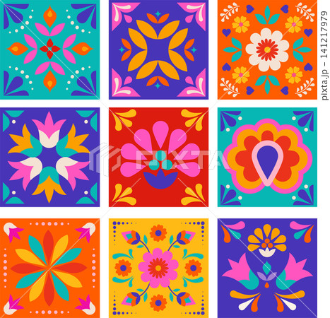 National Hispanic heritage month and Day of the Dead floral tiles background. Colorful vector 141217979