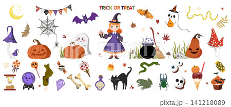 Halloween Vector Collection with Witch, Cauldron, Ghost, Pumpkins, Candy and Cute Holiday Elements Halloween Vector Collection with Witch, Cauldron, Ghost, Pumpkins, Candy and Cute Holiday Elements 141218089